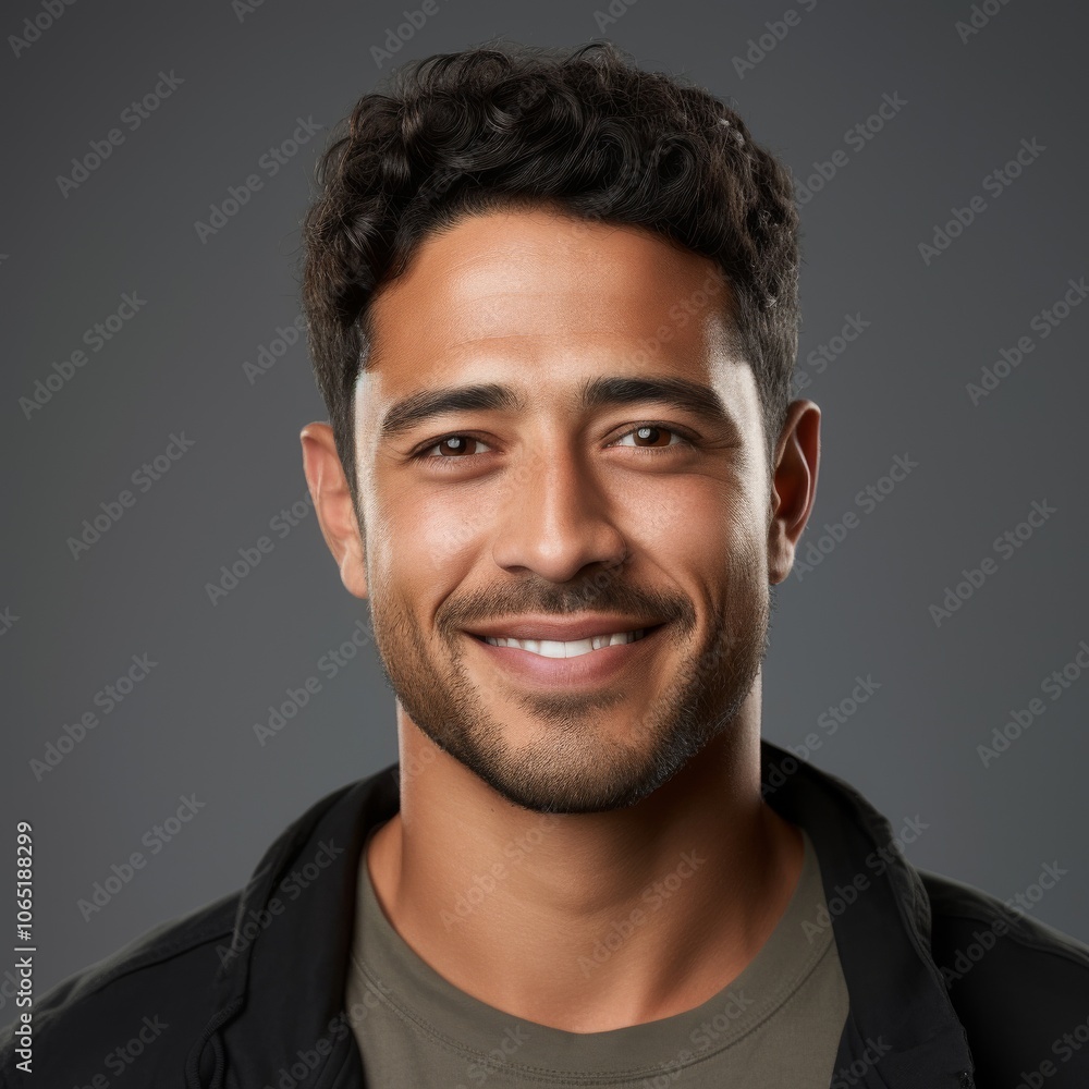 Fototapeta premium Man with a friendly smile in a casual polo shirt against a solid color studio backdrop