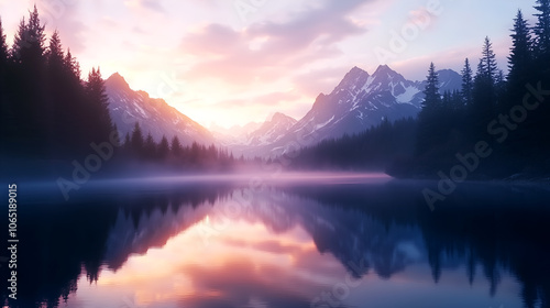 Majestic mountains reflected in a tranquil lake at sunrise with pink sky creating a serene wellness atmosphere