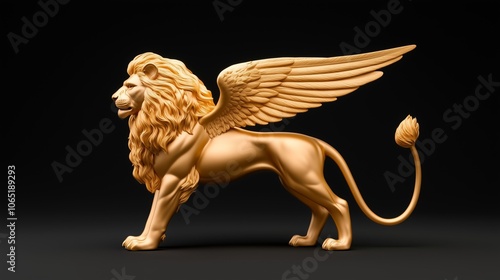 3D render of a golden lion with wings, side view, against a solid black background.