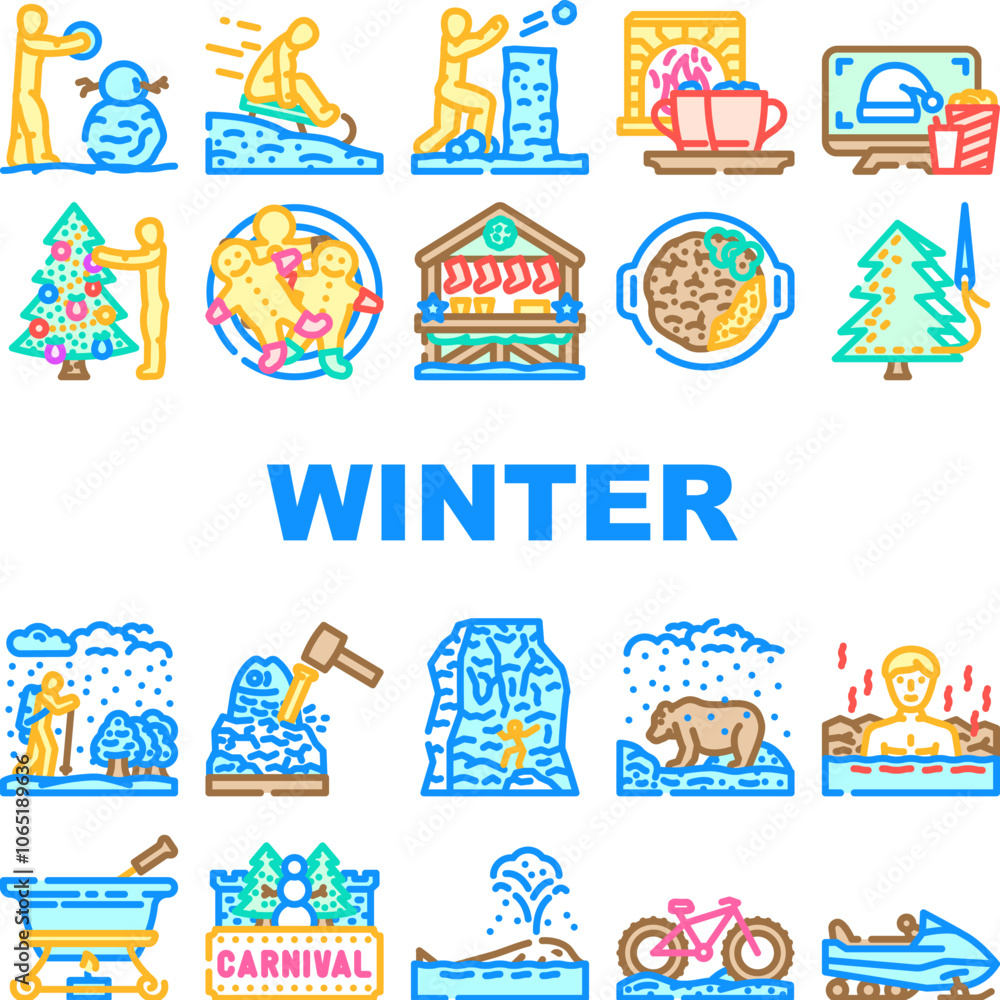Naklejka premium winter spend time snow skiing icons set vector. fireplace cocoa, sledding hibernation, frost cozy, holidays, ice, sweater, cabin winter spend time snow skiing color line illustrations
