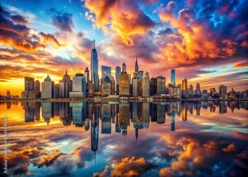 Breathtaking New York City Skyline at Sunset with Colorful Clouds and Stunning Reflections Over the Water Breathtaking New York City Skyline at Sunset with Colorful Clouds and Stunning Reflections Over the Water
