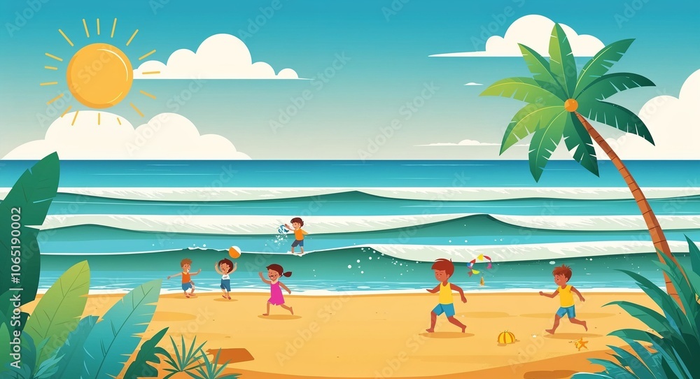Obraz premium Sunny beach illustration with gentle waves clear skies kids playing