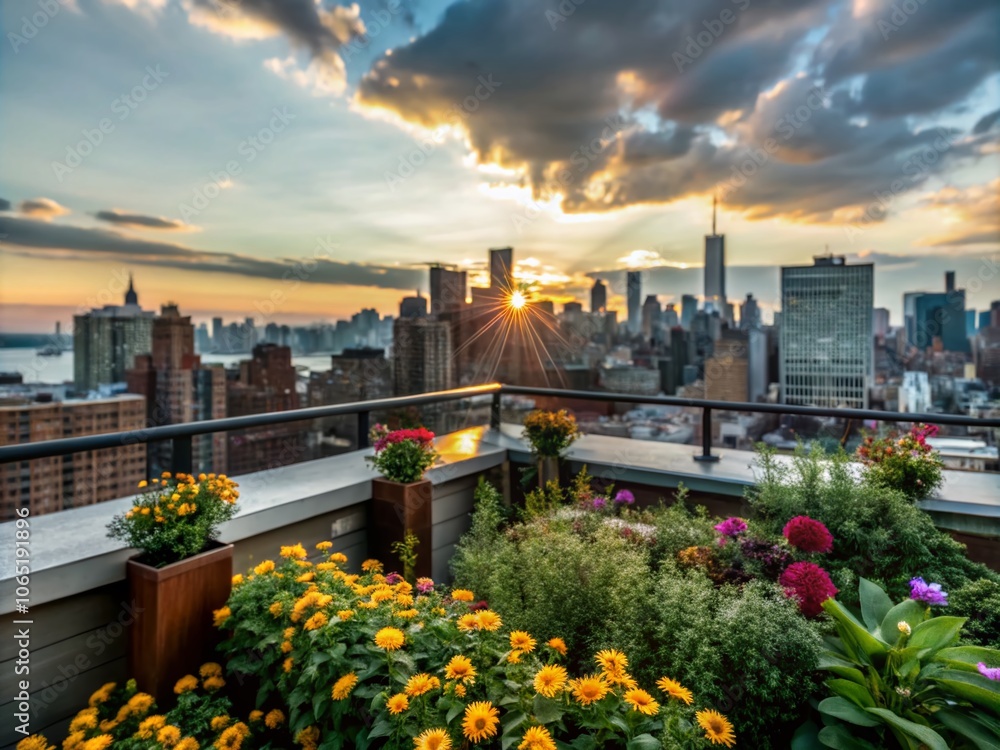 Breathtaking Sunset Over NYC Skyline from a Rooftop Garden Oasis with ...
