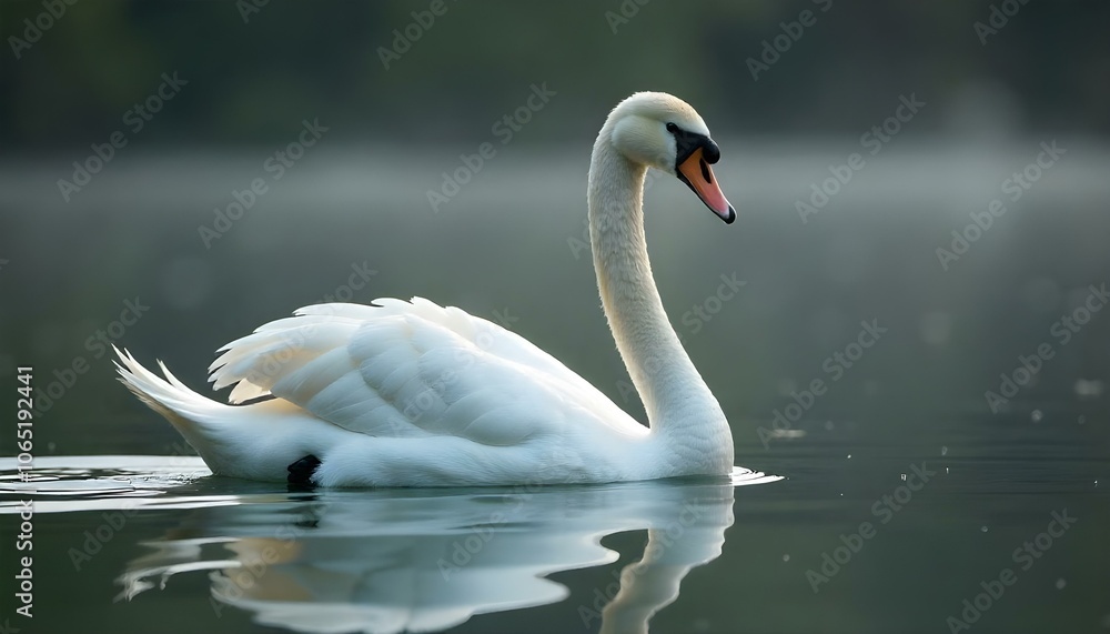 Fototapeta premium Candid Trumpeter Swan swimming on a serene lake, showcasing elegant neck and feather reflections.