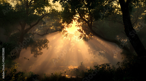 sunlight streaming through forest trees at sunrise creating a peaceful and rejuvenating wellness atmosphere