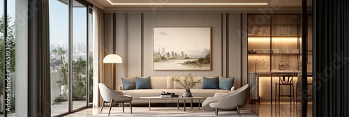 Modern Living Room Interior With Cityscape Artwork, Large Windows, and Elegant Furniture photo