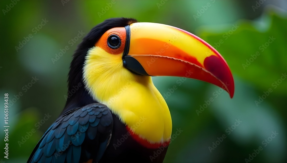 Obraz premium Close-up of a toucan highlighting vivid beak colors and feather texture blurred tropical foliage