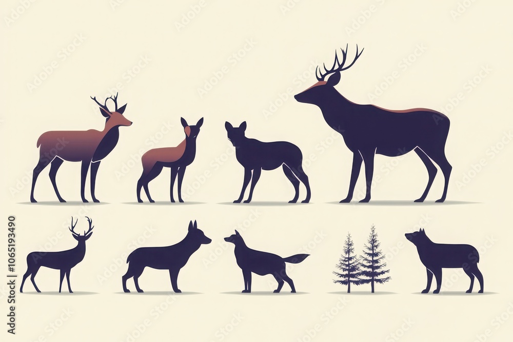 Obraz premium Elegant and clean modern silhouettes of various animals with nature elements for design projects
