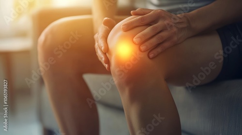 Woman sitting at home holding her painful knee in sunlight, highlighting discomfort and need for medical care