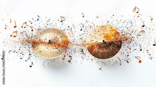 A pair of cymbals creatively shedding colorful musical notes, representing the dynamic fusion of sound and passion in an explosive celebration of music. photo