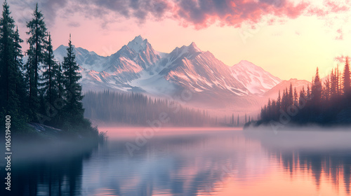 Majestic mountains reflected in a tranquil lake at sunrise with pink sky creating a serene wellness atmosphere
