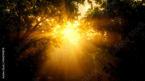 sunlight streaming through forest trees at sunrise creating a peaceful and rejuvenating wellness atmosphere