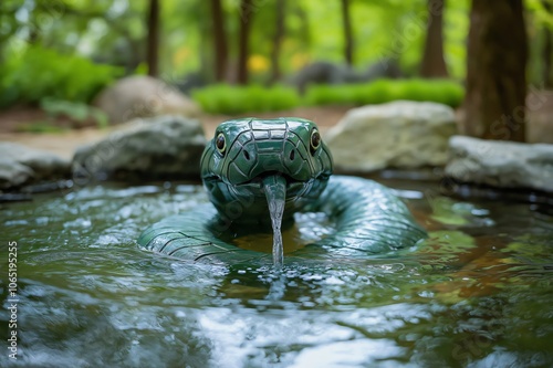 Green snake sculpture fountain is spouting water from its mouth in a tranquil garden setting photo