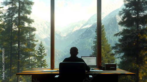 Silhouette of a person working at a desk facing a large window with breathtaking mountain and forest view, capturing the essence of tranquility and inspiration in a serene remote workspace setting