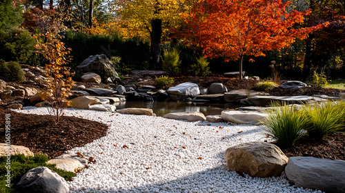 Japanese zen garden with rocks, pond, and autumn trees creating a serene and tranquil wellness atmosphere