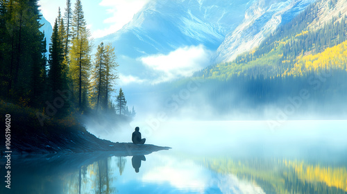 Silhouette of a person sitting by misty lake surrounded by mountains and trees in tranquil nature