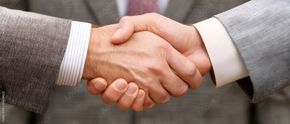 Obraz premium Two business professionals shaking hands in a formal office setting surrounded by their supportive team members symbolizing a successful merger or partnership agreement