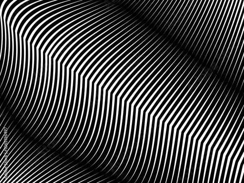 Abstract art geometric black background with abstract white stripes. Black and white optical illusion with waves and transitions.