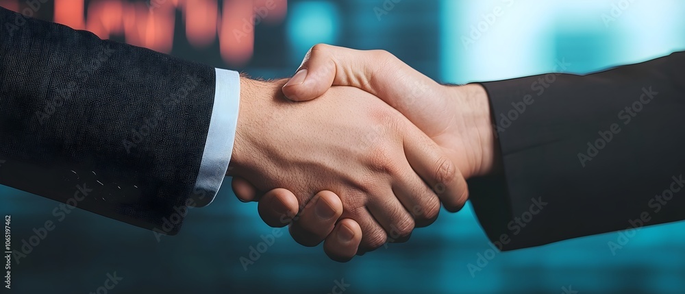 Obraz premium Two business professionals shaking hands in front of corporate skyscrapers and financial graphs symbolizing successful teamwork growth and strategic planning in the business and financial sector