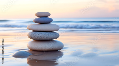 Stacked stones on a peaceful sandy beach at sunset symbolizing balance harmony and mindfulness with gentle waves