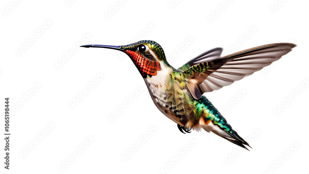 Fototapeta premium Vibrant hummingbird mid-hover isolated on white background