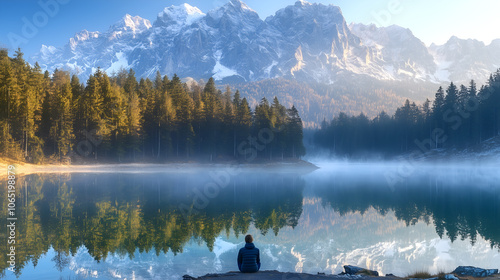 man meditating by a serene mountain lake at sunrise surrounded by nature creating a peaceful wellness atmosphere