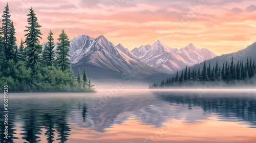 Majestic mountains reflected in a tranquil lake at sunrise with pink sky creating a serene wellness atmosphere