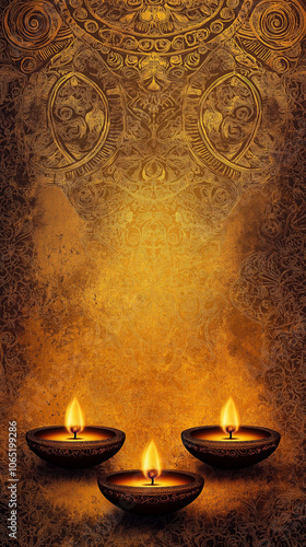 Traditional Diwali design with a warm golden yellow background, adorned with intricate paisley patterns, glowing diya lamps, and a border of festive floral motifs. Oriental festival of lights. Ramadan