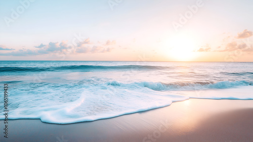 peaceful ocean waves during sunrise creating a tranquil beach atmosphere with soft pastel colors for wellness