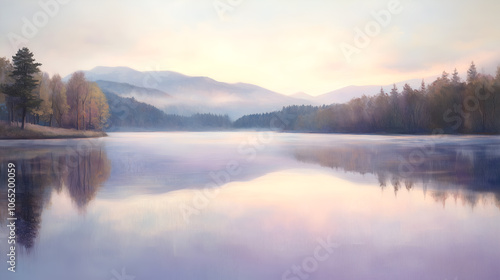 calm lake at sunrise with soft mist and pastel colors creating a serene and tranquil wellness atmosphere