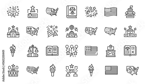 american democracy symbols line art icon set, fireworks flag voting, power unity people politics