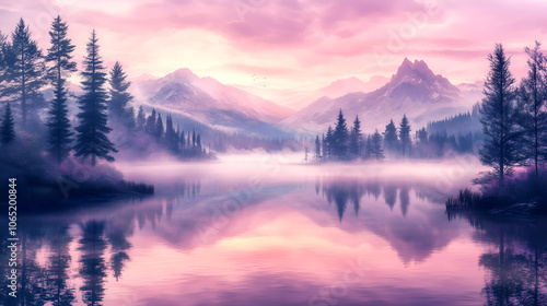 mountain lake at sunrise with mist and pink tones creating a serene and calming wellness atmosphere