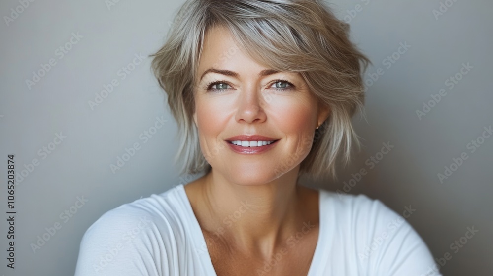 Fototapeta premium Confident Mature Woman Portrait Grey Hair and a Genuine Smile, Against Neutral Background