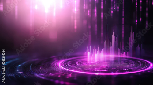 vibrant digital sound wave visualization with purple and blue hues, creating dynamic and energetic atmosphere. circular patterns enhance sense of movement and rhythm