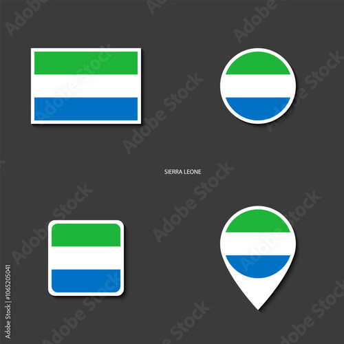 Sierra Leone flag icon set in different shape (rectangle, circle, square and marker icon) on dark grey background. Sierra Leone sticker icon collection on barely dark background	
