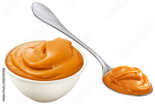 Foto tigela e colher com doce de leite isolado em fundo transparente