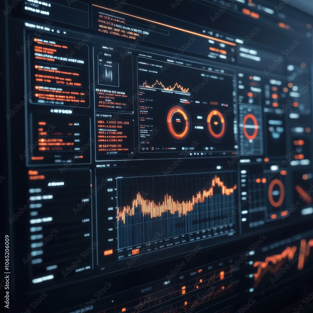 Obraz premium Futuristic data visualization on a screen showing analytics and graphs.
