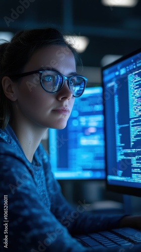 Tech-Savvy Developer Engages with Coding on Dual Monitors