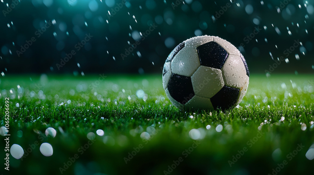 Naklejka premium soccer ball rests on wet grass field, glistening with raindrops as rain falls softly around it, creating serene and dynamic atmosphere