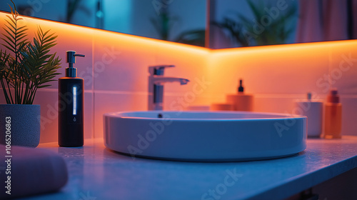 Modern Bathroom Sink with Automatic Soap Dispenser and LED Lights photo