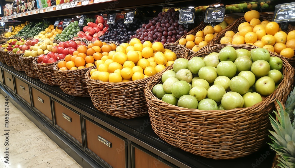 Vibrant display of fresh fruit in wicker baskets at a grocery store, emphasizing variety and quality, creating an appealing and inviting shopping atmosphere Vibrant display of fresh fruit in wicker baskets at a grocery store, emphasizing variety and quality, creating an appealing and inviting shopping atmosphere