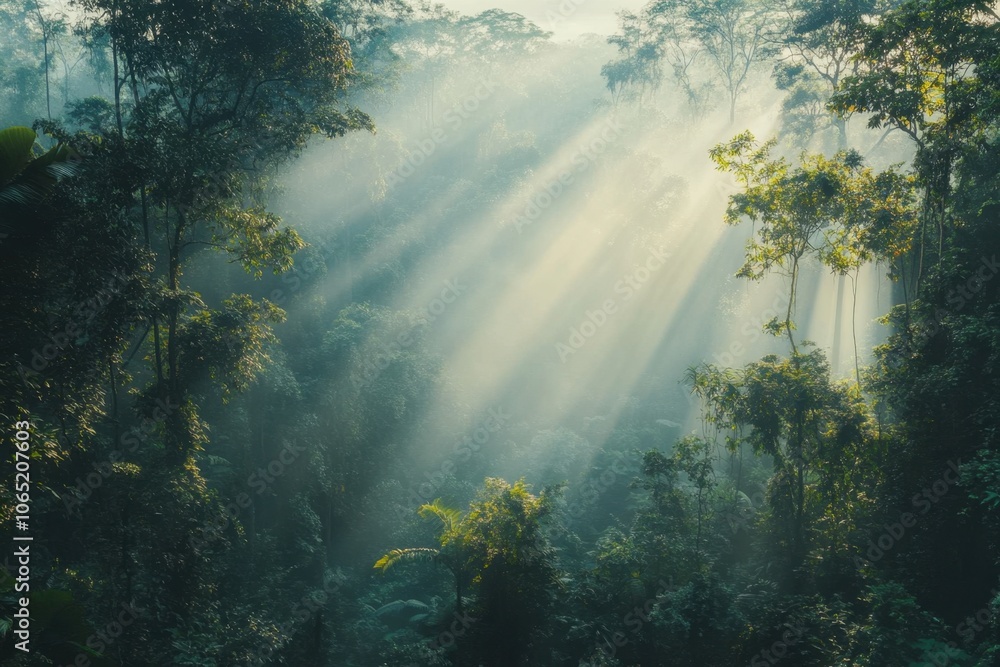 Obraz premium Dense misty forest with tall trees and negative space between branches, capturing light and shadow interplay.