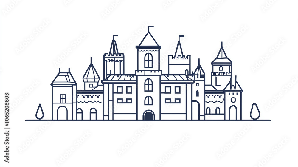 Fototapeta premium Outline of historical castle, isolated on white, main keyword landmark icon