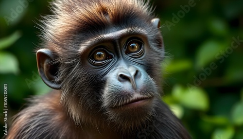 Close-up photograph of a male bonobo with distinct facial features, showing detailed fur texture and expressive eyes, captured in natural habitat with blu