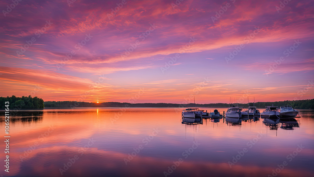 Obraz premium A serene lakeside scene during a vibrant sunset, with boats floating peacefully on the calm water, reflecting the stunning pink, orange, and purple hues of the sky.