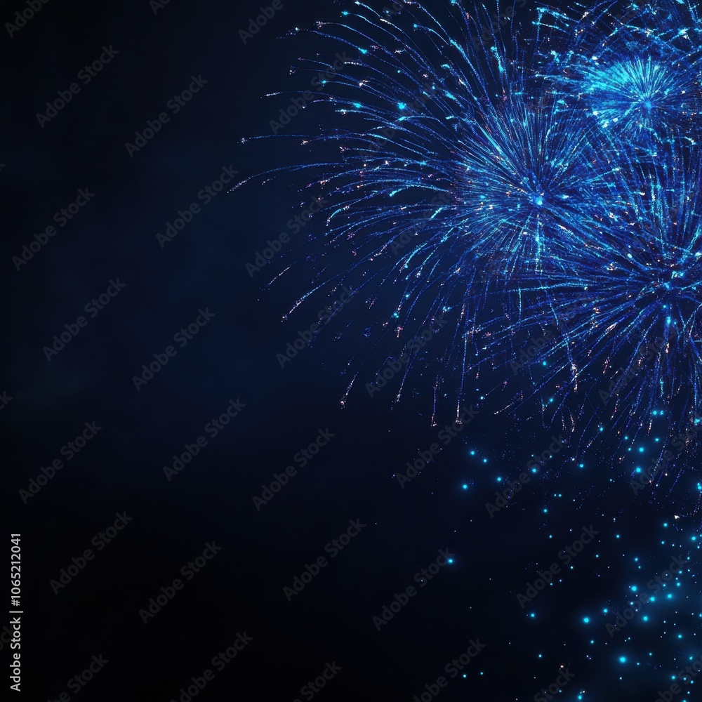 Fototapeta premium Colorful blue fireworks display against a dark background, showcasing festive sparks and vibrant light patterns.
