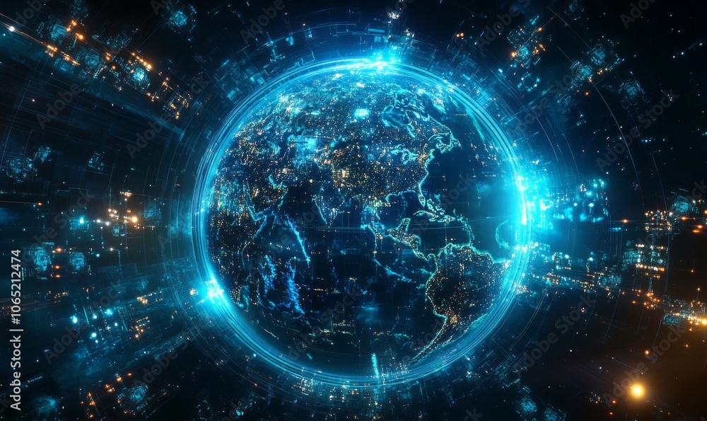 Obraz premium Digital world map planet Earth space global globe sky space 5G wireless network AI big data communication pathways science technology web internet connection transmission cyber cloud computing online