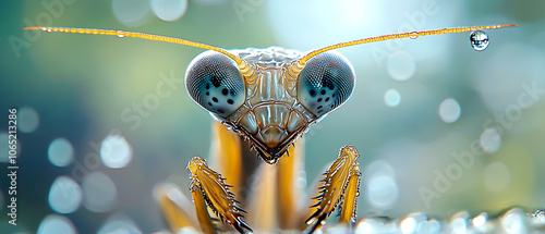 Explore the fascinating details of a praying mantis head in stunning macro photography against a blurred wildlife background photo