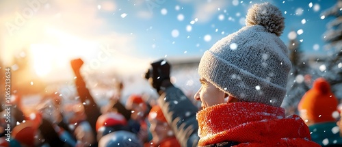 Silhouetted crowd of enthusiastic fans cheering and celebrating in a snowy outdoor stadium at sunset expressing joy and excitement for their team s success on a cold winter evening photo