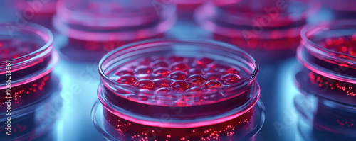 Lab grown organoids in petri dishes with red liquid, showcasing scientific research and innovation. vibrant colors highlight advanced techniques used in biotechnology
